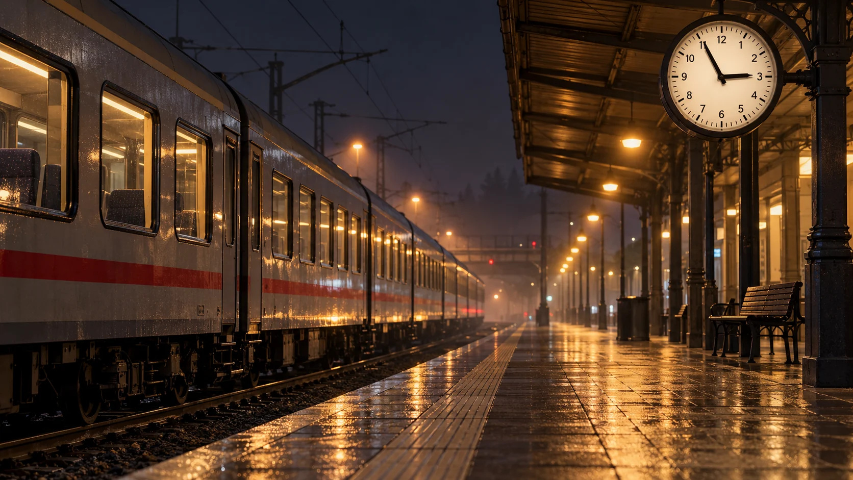 Realistická AI ilustrace stojícího vlaku u nočního nástupiště s analogovými hodinami; nejde o fotografii konkrétního spoje.